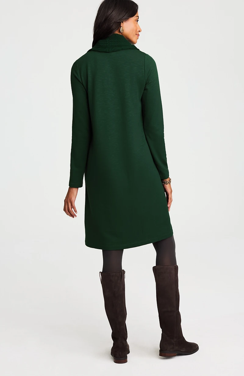 sweater-trimmed cowl-neck dress