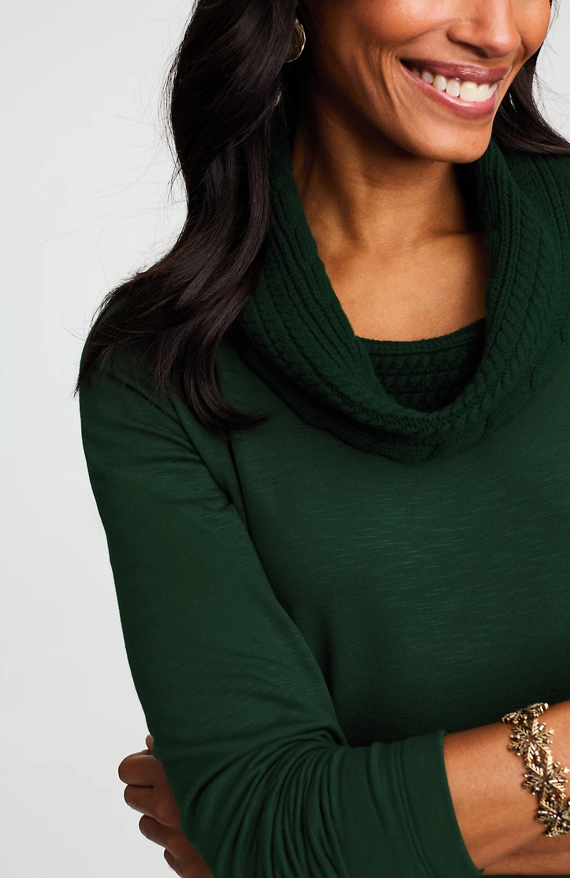 sweater-trimmed cowl-neck dress