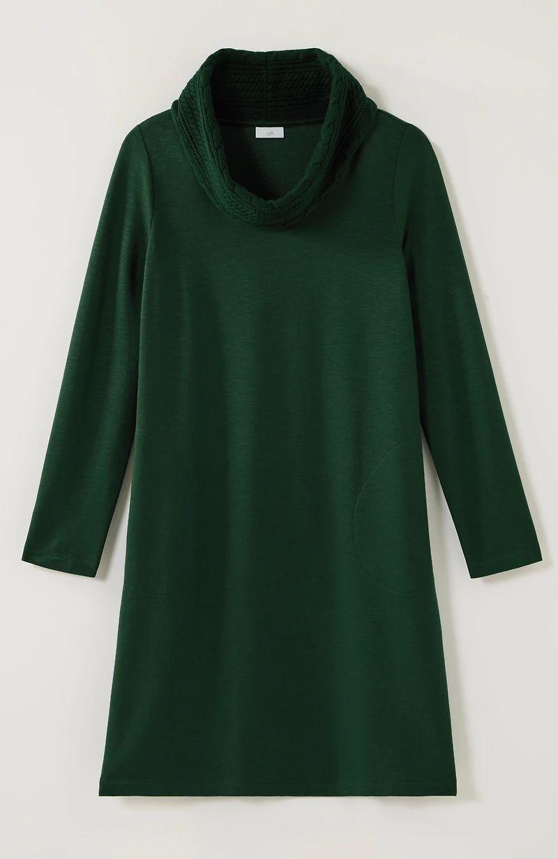 sweater-trimmed cowl-neck dress