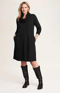 sweater-trimmed cowl-neck dress