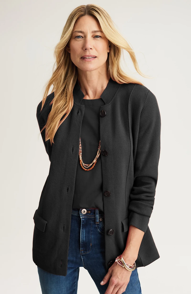double-knit notched-collar sweater-jacket