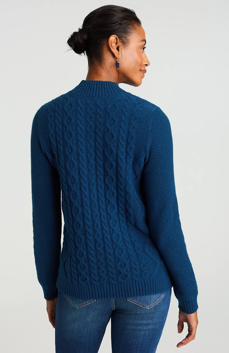 cabled mock-neck sweater