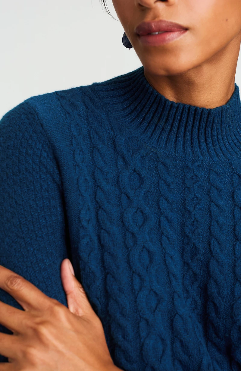 cabled mock-neck sweater