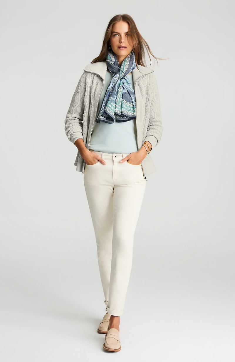 quilt-stitched zip-front cardi