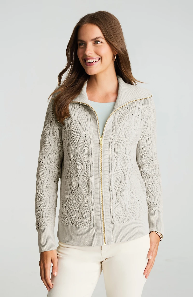 quilt-stitched zip-front cardi