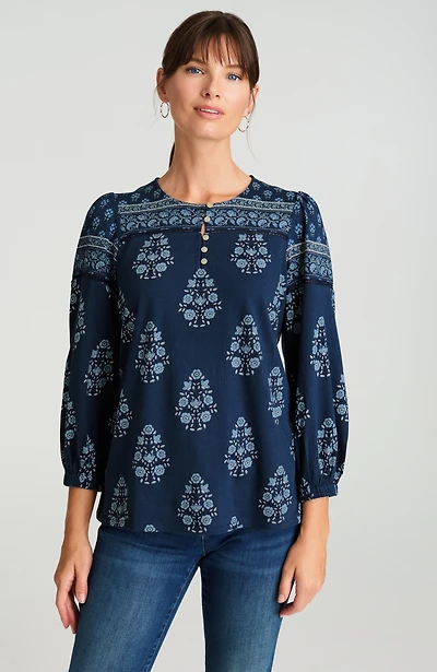 pure jill border-printed-yoke top
