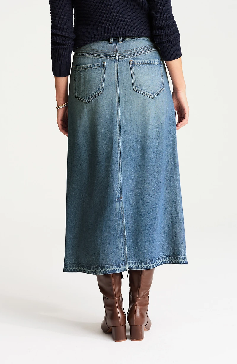 released-hem denim maxi skirt