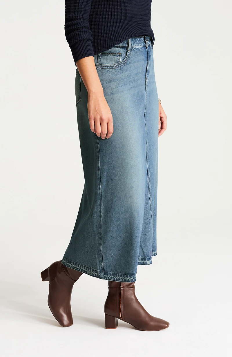 released-hem denim maxi skirt