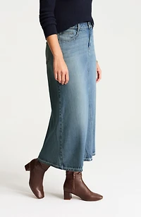 released-hem denim maxi skirt