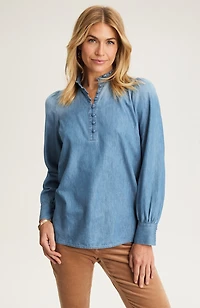 indigo stand-collar top