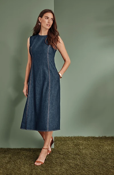 seamed indigo midi dress