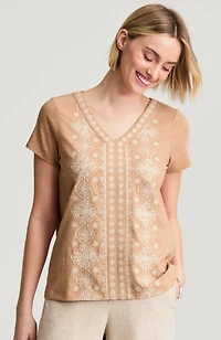 pure jill embroidered cap-sleeve tee