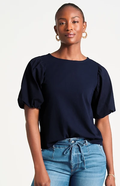 mixed-media elbow-sleeve top