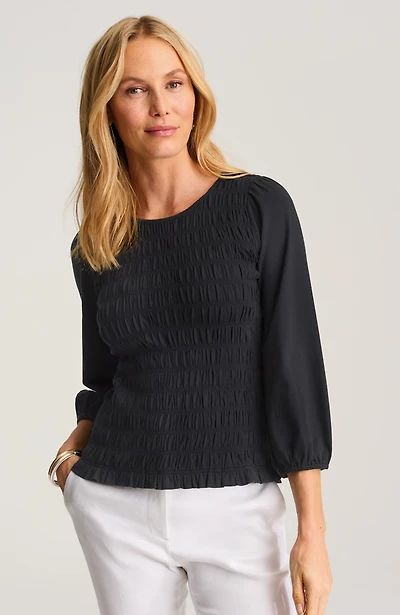 smocked 3/4-sleeve top