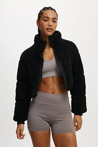 The Mother Puffer Cropped Sherpa Jacket