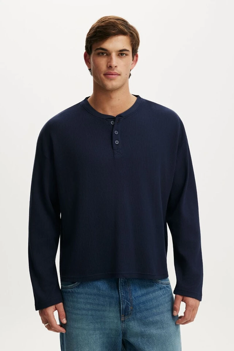 Relaxed Fit Textured Henley Long Sleeve