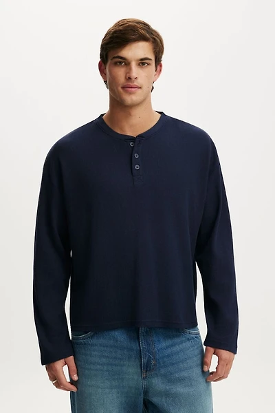 Relaxed Fit Textured Henley Long Sleeve