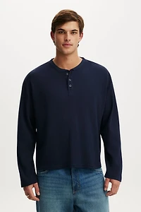 Relaxed Fit Textured Henley Long Sleeve