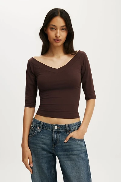 Bella Off Shoulder V Neck 3/4 Tee