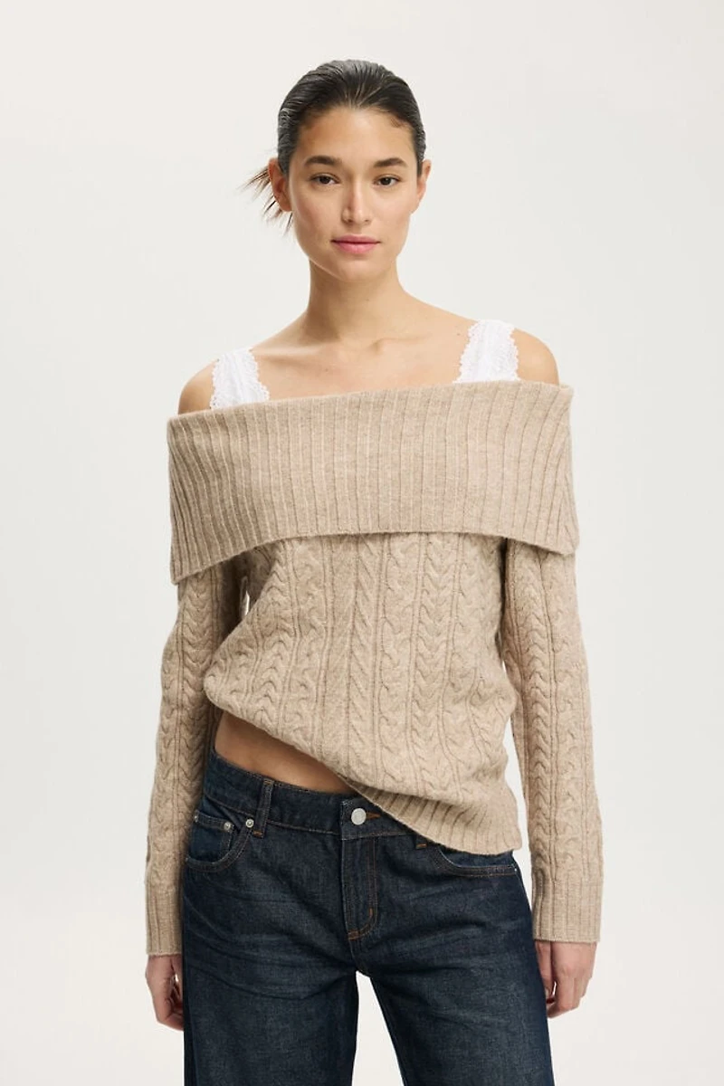 Fluffy Cable Off Shoulder Knit