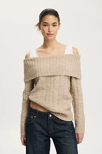 Fluffy Cable Off Shoulder Knit