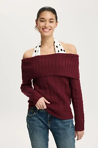 Fluffy Cable Off Shoulder Knit