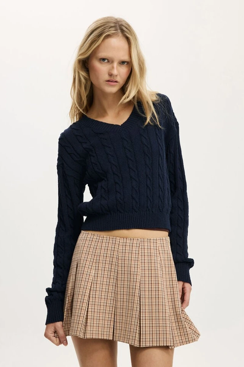V-Neck Cotton Cropped Cable Pullover