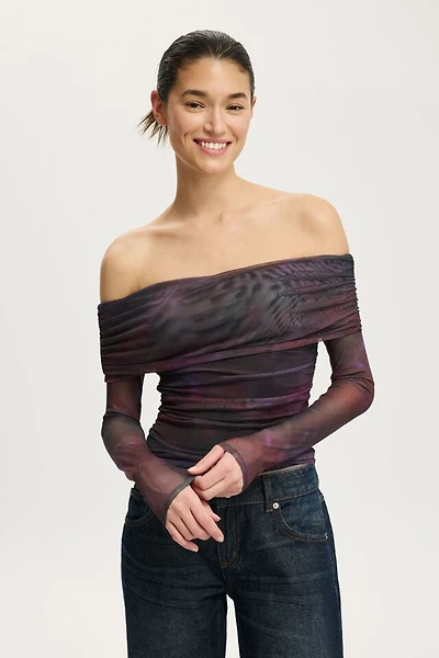 Ashley Off Shoulder Mesh Long Sleeve Top