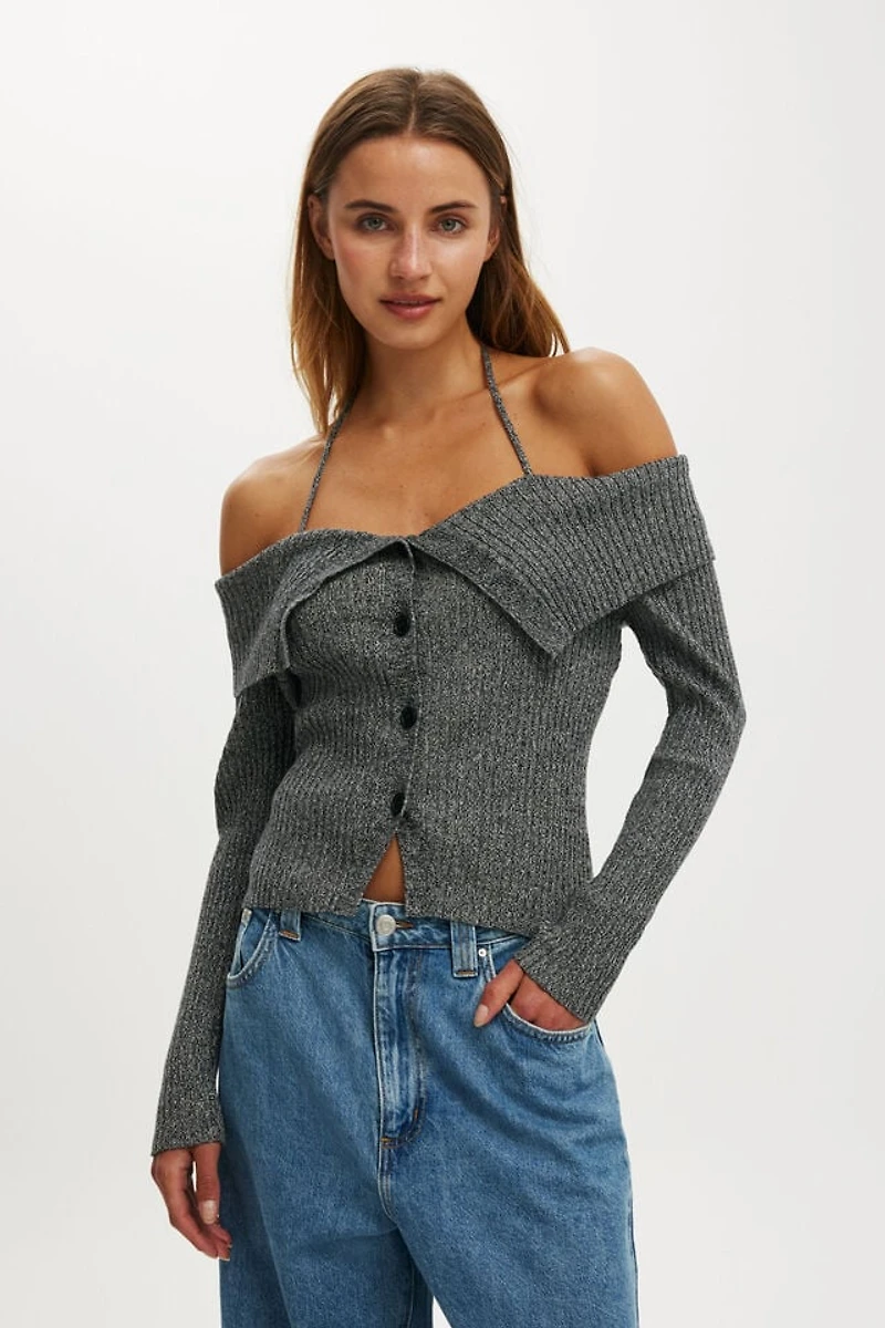 Button Down Off Shoulder Knit