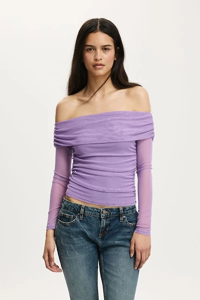 Ashley Off Shoulder Mesh Long Sleeve Top