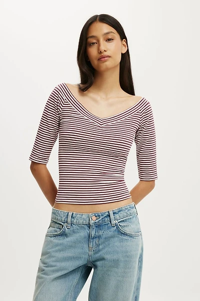 Bella Off Shoulder V Neck 3/4 Tee