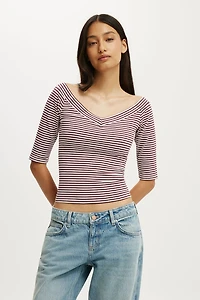 Bella Off Shoulder V Neck 3/4 Tee