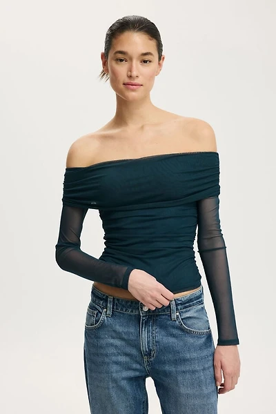 Ashley Off Shoulder Mesh Long Sleeve Top