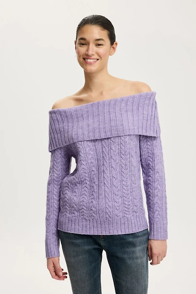 Fluffy Cable Off Shoulder Knit