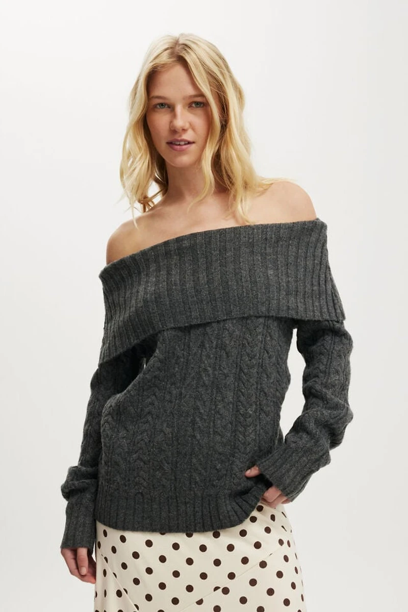 Fluffy Cable Off Shoulder Knit