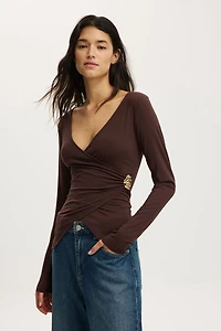 Trim Detail Long Sleeve Wrap Top