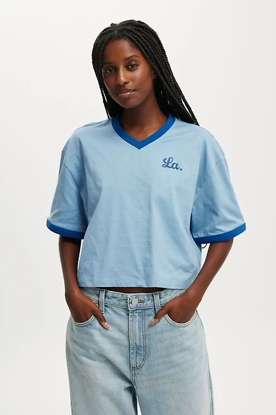 V Neck Boxy Crop Graphic Tee