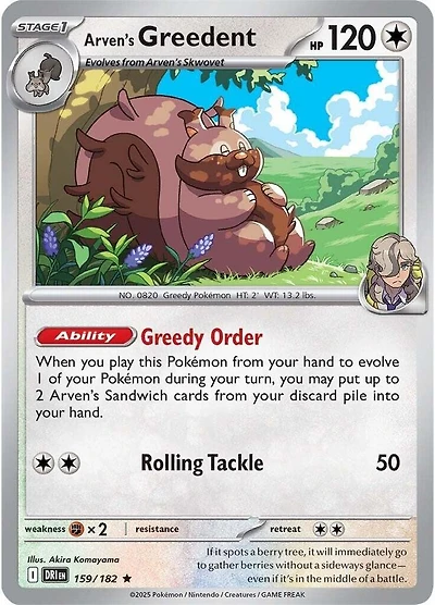 Arven's Greedent - 159/182 - Holo Rare - Reverse Holo