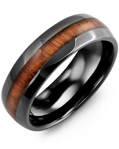 RHB - Men's Polished Dome Koa Wood Black Ceramic Wedding Band