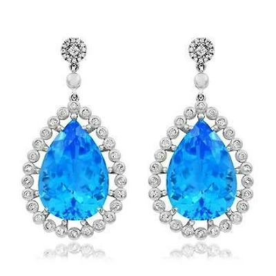 Premium Teardrop Blue Topaz Earrings with Diamond Accent 14KT Gold