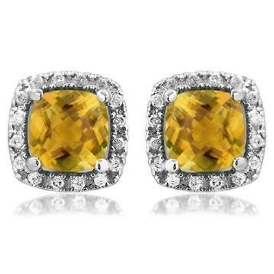 Cushion Citrine Stud Earrings with Diamond Halo 14KT Gold