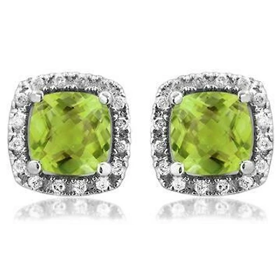 Cushion Peridot Stud Earrings with Diamond Halo 14KT Gold
