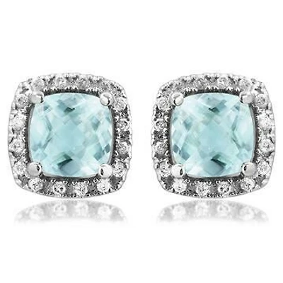 Cushion Aquamarine Stud Earrings with Diamond Halo 14KT Gold