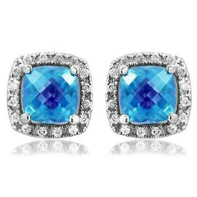 Cushion Topaz Stud Earrings with Diamond Halo 14KT Gold