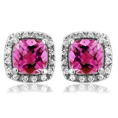 Cushion Pink Topaz Stud Earrings with Diamond Halo 14KT Gold