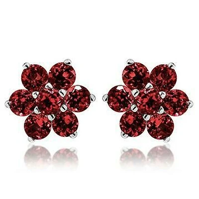 Floral Cluster Garnet Stud Earrings 14KT Gold