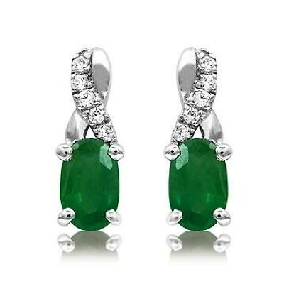 Oval Emerald Infinity Stud Earrings with Diamond Accent 14KT Gold