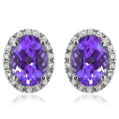 Oval Amethyst Stud Earrings with Diamond Frame 14KT Gold