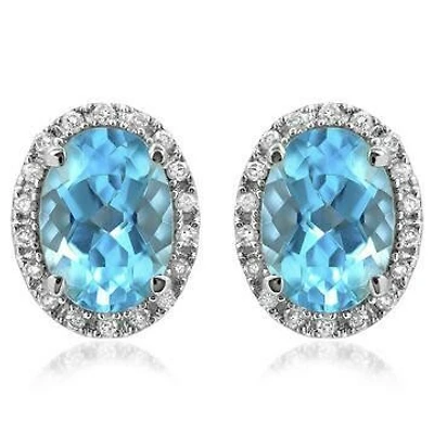 Oval Blue Topaz Stud Earrings with Diamond Frame 14KT Gold