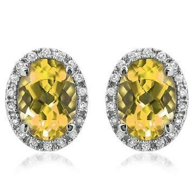 Oval Citrine Stud Earrings with Diamond Frame 14KT Gold